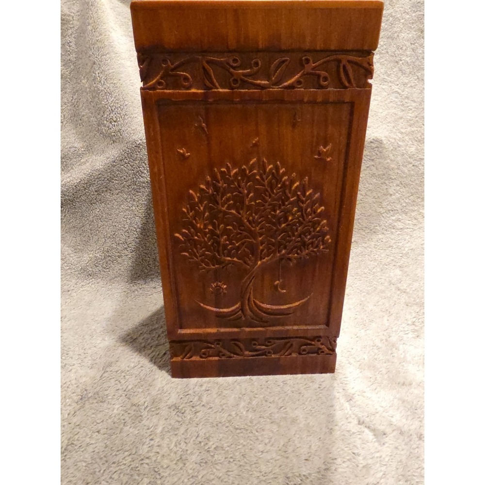 Handcarved Wooden Cremation Urn Tree of Life Celestial Sun And Moon Approx 11x6"